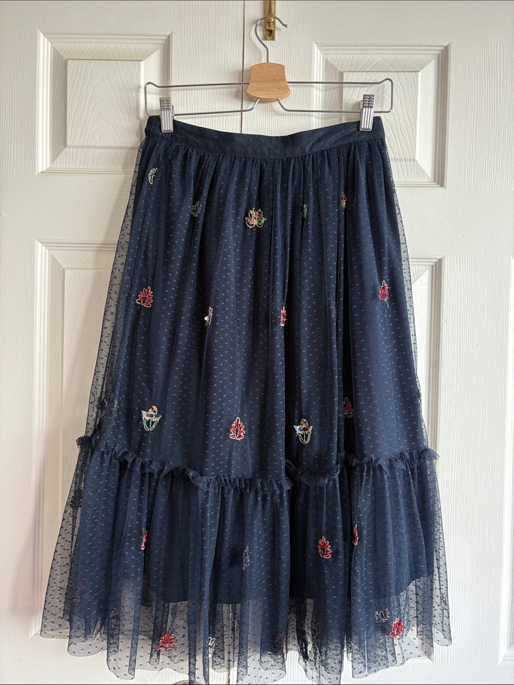 Zara Navy Tulle Midi Skirt with Multi-Color Embroidery